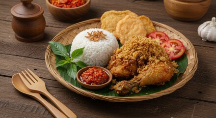 Crispy Ayam Kremes with Rice and Sambal Presentation