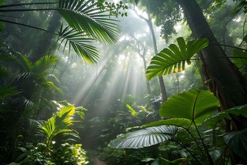 Naklejka premium Vibrant Amazonian or Southeast Asian Jungle with Misty Atmosphere