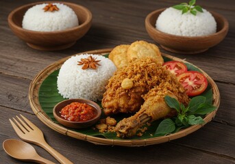 Crispy Ayam Kremes with Rice and Sambal Presentation