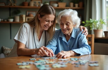 Friendly caregiver and elderly patient solve puzzle together. Smiling nurse supports senior woman at home. Positive relationship in healthcare setting. Activities at nursing home.