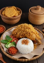 Crispy Ayam Kremes with Rice and Sambal Presentation