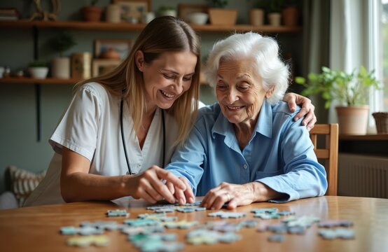 Friendly caregiver and elderly patient solve puzzle together. Smiling nurse supports senior woman at home. Positive relationship in healthcare setting. Activities at nursing home.
