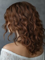 Naklejka premium Curly brown hair, voluminous and glossy, showcased against a muted grey backdrop. A glimpse of the shoulder adds a touch of warmth and human presence.