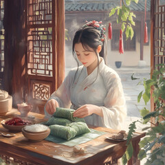 Scholarly Man in Traditional Asian Attire Painting Calligraphy