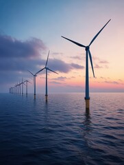A panoramic shot of a row of offshore wind turbines stretching across the horizon at dusk.