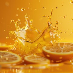 Refreshing Orange Juice Splash with Slices  A vibrant depiction of a juicy orange juice splash featuring fresh orange slices ideal for food and drink advertising.