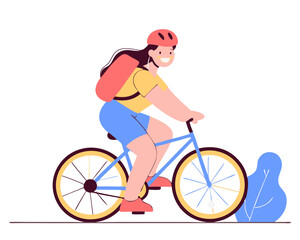 Obraz premium Cheerful Girl Riding Bicycle with Helmet & Backpack - Youth Cycling Vector Illustration Series Isolated White