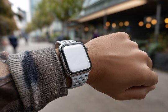 Smartwatch on Wrist in Urban Setting: A person showcases a modern smartwatch on their wrist, the sleek device a testament to technological advancement and seamless integration with urban life.