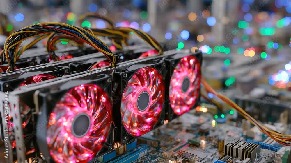 Poster a tight frame captures the hum of a working mining rig, with spinning fans and glowing circuit board