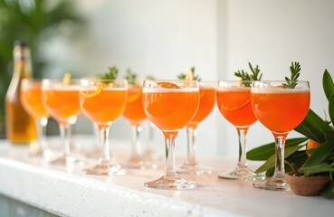 Many Spritz cocktails in glasses on outdoor bar counter. Orange drink, orange slice garnish, Italian liqueur. Summer party, welcome beverage at social event, restaurant or bar.