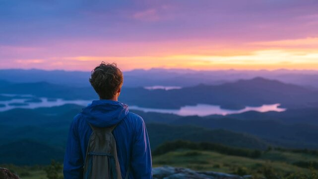 A tranquil moment as a traveler watches the sky burn with orange and pink light, mountain ranges fading into blue mist in the distance