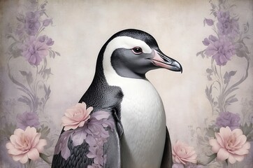 Naklejka premium Penguin portrait surrounded by soft floral elements in a charming artistic composition
