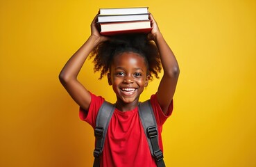 Cheerful young girl holds books on head against bright yellow background. Happy smiling schoolkid with backpack ready for education. Symbol of learning, success, back to school, childhood joy.