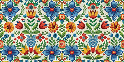 Vibrant floral pattern featuring colorful blooms and lush greenery.