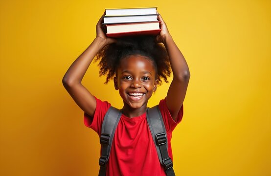 Cheerful young girl holds books on head against bright yellow background. Happy smiling schoolkid with backpack ready for education. Symbol of learning, success, back to school, childhood joy.