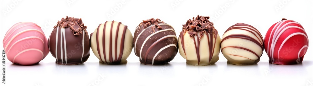 Poster seven assorted chocolate truffles with various coatings and decorative drizzles arranged in a row on