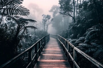 Wooden bridge over river in lush forest landscape