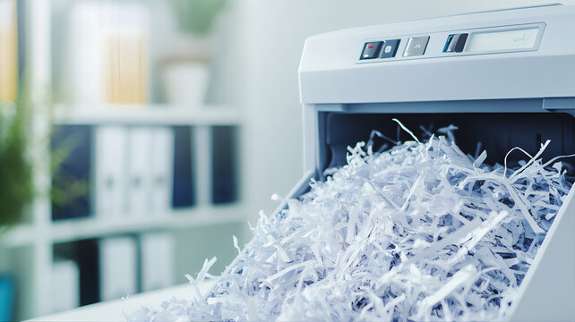 Paper shredder machine with overflowing shredded data documents. Shredder paper documents destruction . Granulator shredded machine, Paper recycling shred documents on the office desk