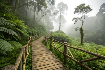 Obraz premium A wooden bridge crosses a winding forest path, inviting travel through the natural landscape