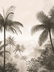 A painted rainforest. Light beige palm trees, silhouette. Textile design, wallpaper design. Mural for the walls.
