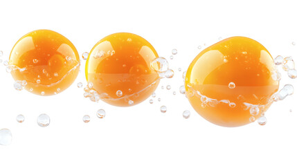 Flying 3D raw egg yolks with glistening surface and whites isolated on white background 
