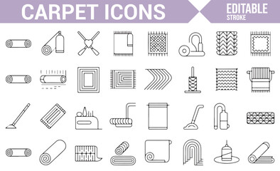 Collection of simple vector icons representing carpet, rug cleaning, and home maintenance tools.