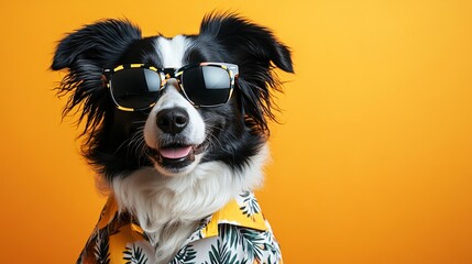 Dog in sunglasses on yellow background with copy space