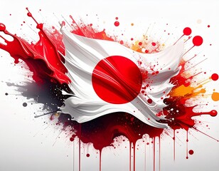Japanese flag with a dynamic, painted effect and splashes of red. The artistic style gives it a vivid and powerful appearance, travel concept.