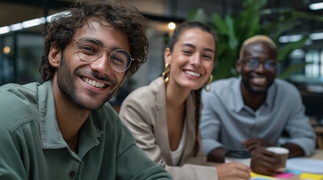 Smiling Team: The image features a young, cheerful team, bathed in the natural light of their workspace, their smiles reflecting camaraderie, collaboration, and a shared purpose.