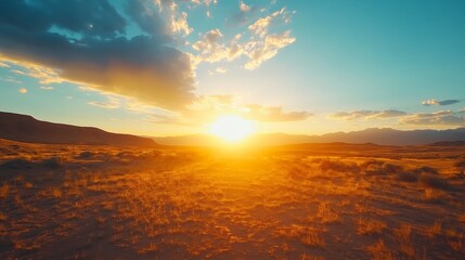Fototapeta premium Breathtaking Sunset Over the Open Grassland With Vibrant Colors Illuminating the Sky and Distant Mountains During a Clear Evening