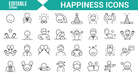 Fototapeta premium Set of happiness icons, including smiling faces, balloons, party celebrations, and people enjoying life.