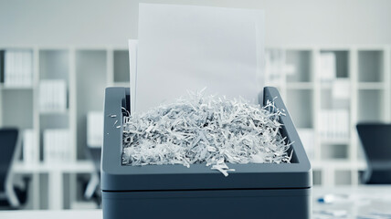 Paper shredder machine with overflowing shredded data documents. Shredder paper documents destruction . Granulator shredded machine, Paper recycling shred documents on the office desk