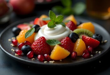 Elegant Fruit Salad with Yogurt and Mint on Dark Ceramic Plate
