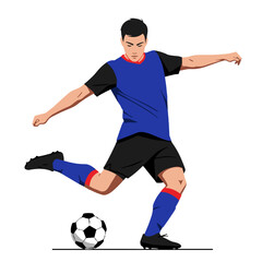 Obraz premium Football player kicking the ball in blue jersey on transparent background 
