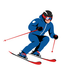 Skier in blue suit racing downhill on a transparent background  