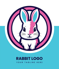 Colorful Cartoon Bunny Logo for Kids, Modern Rabbit Mascot Design in Pink and Blue, Adorable Pet Logo for Children’s Brands, Cute Animal Vector Emblem for Branding, Creative Rabbit Face Logo
