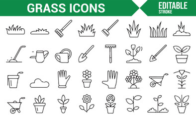 Garden landscaping icon set featuring tools, plants, flowers, and wheelbarrow.

