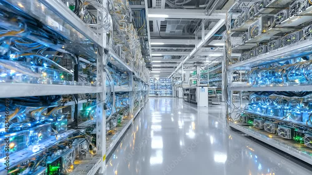 Poster brightly lit server room with mining devices stacked symmetrically, subtle reflections on polished f