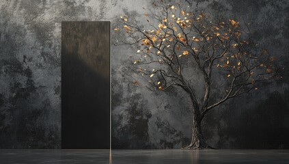 Dark, textured interior with a solitary tree