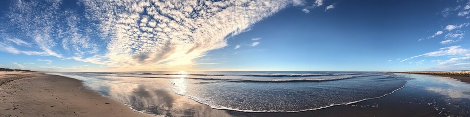 Fototapeta premium Beautiful Coastal Landscape at Sunset With Vibrant Clouds Reflecting on Calm Ocean Waves