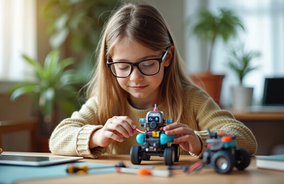 Young girl student studying robotics at home. Child wearing glasses learning science, coding, engineering. Kid builds, engineers a toy robot. Education, STEM, tech, innovation, future.