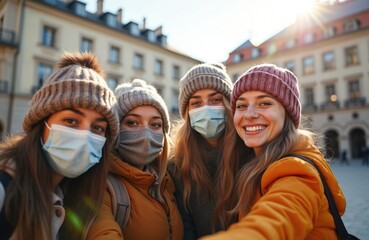 Group friends taking selfie. Young women wear face masks outside in urban setting. Girls enjoy trip. New normal lifestyle, post covid era concept. People travel during winter holidays, happy together.