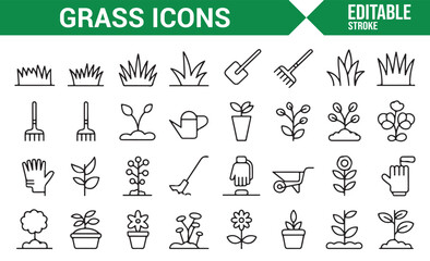 Simple garden and plant care icons, including watering, rake, shovel, and decorative elements.