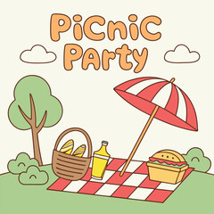 Cartoon Picnic Party Red Checked Blanket Basket Food Umbrella