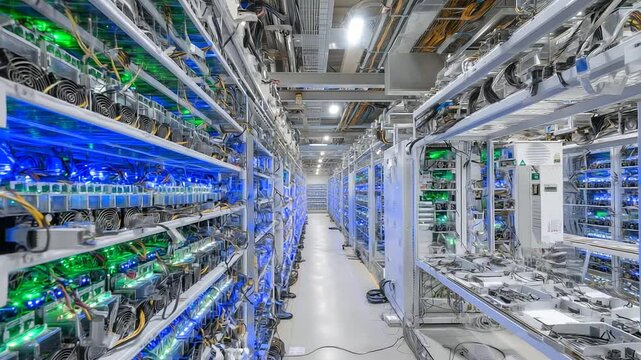 Clean, high-tech mining room filled with symmetrical rows of GPU miners, cooling ducts above, hash rate displays glowing under bright ceiling lights