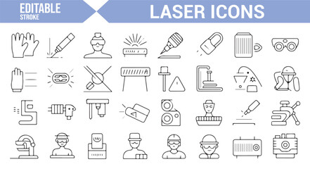 Icons representing laser systems, medical treatments, and industrial cutting tools for healthcare and technology designs.