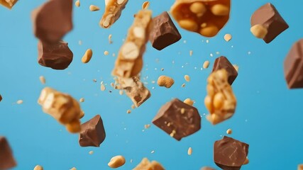 Chocolate peanut brittle explosion on blue! Sweet treats scatter, ideal for dessert ads, confectionary promos, bakery displays, food blog headers, and snack marketing campaigns.
