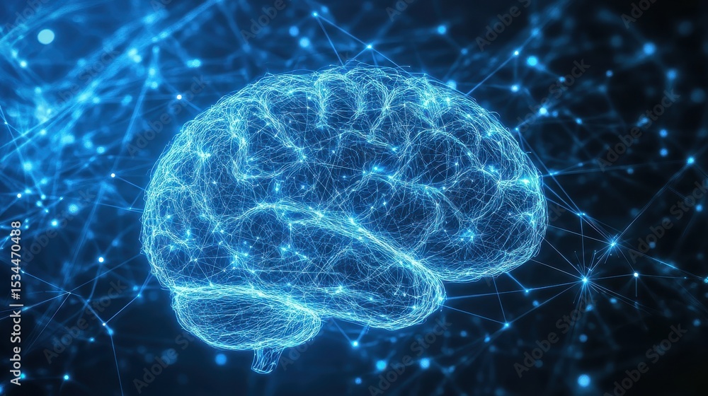 Poster a detailed digital rendering of a human brain set against a blue backdrop with glowing lines, creati