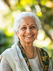 Portrait of happy smiling elderly Indian woman on blurred green background of park cafe in sun rays