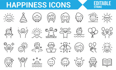 Icons depicting happiness, smiles, gifts, and party elements for celebration-themed designs.